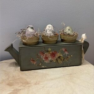 Decorative Floral Wood Watering Can with Ceramic Pots & Homemade Wooden Eggs